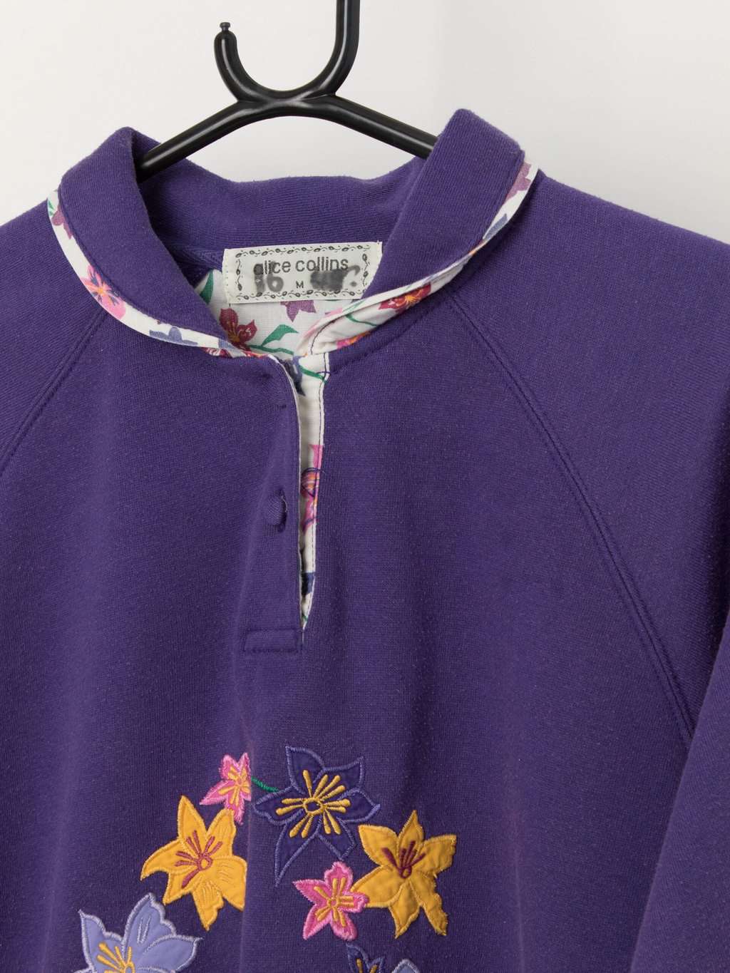Vintage purple collared sweatshirt with colourful floral embroidery - Large / XL - Image 2