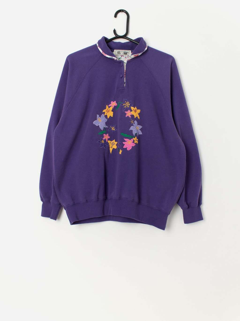 Vintage purple collared sweatshirt with colourful floral embroidery - Large / XL