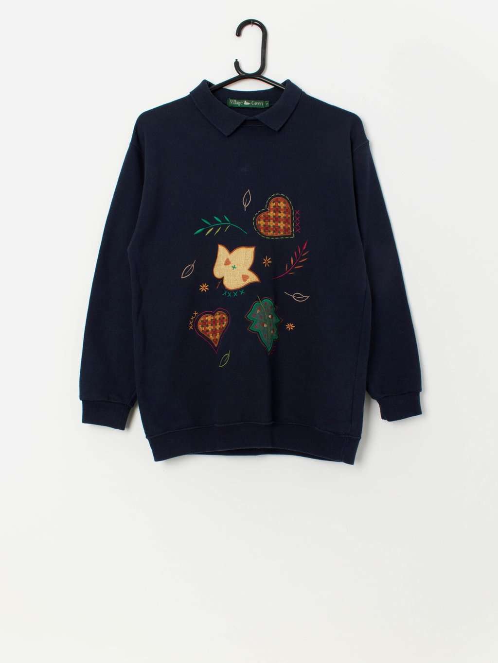 Vintage autumn collared sweatshirt with embroidered love hearts and leaves - Small