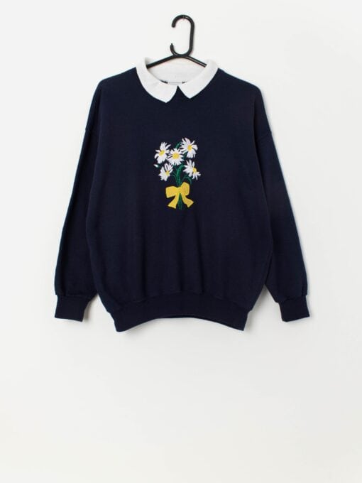 Vintage collared daisy sweatshirt in navy - Medium