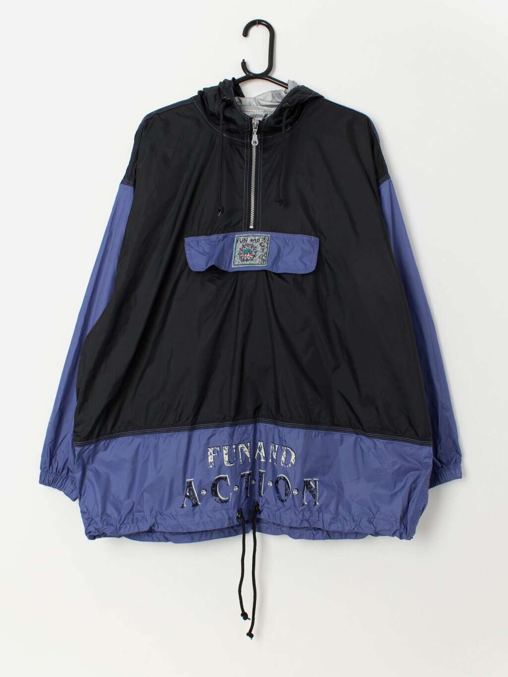 90s vintage quarter zip windbreaker in blue and black - XL