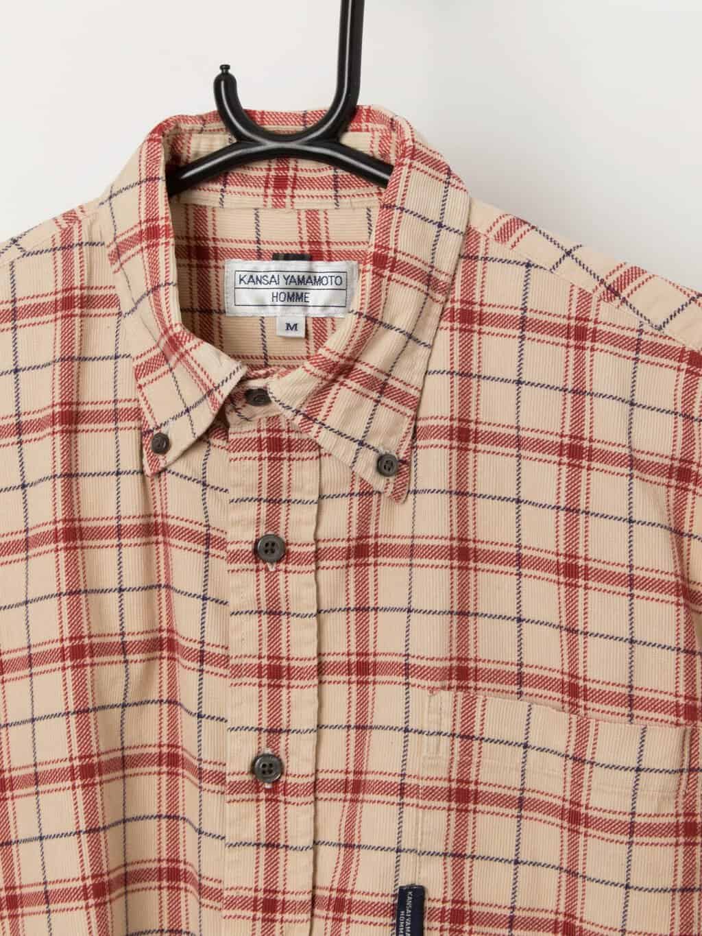 Vintage plaid cord shirt by Kansai Yamamoto in beige, red and blue - Medium - Image 3