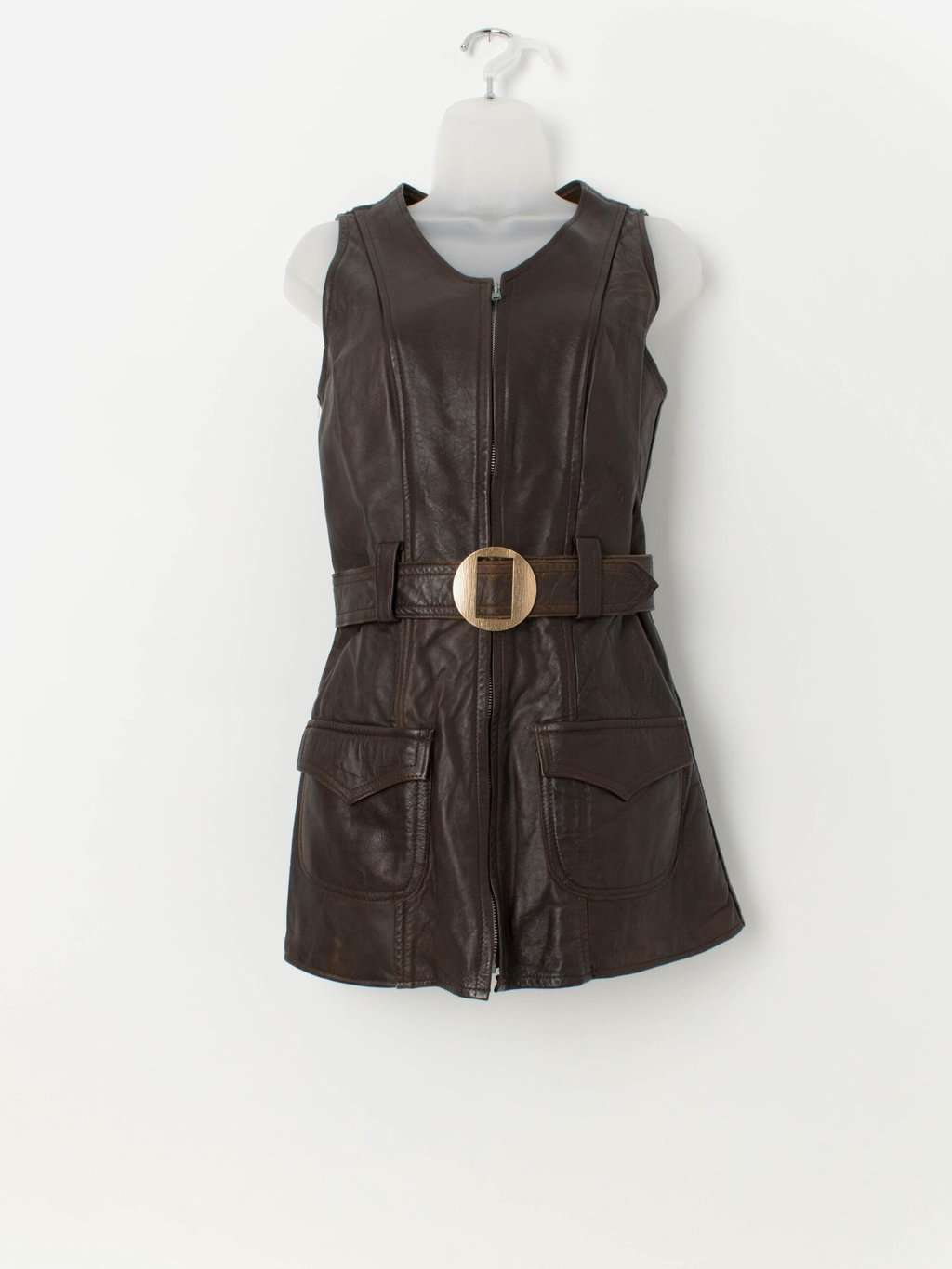 1960s vintage brown leather vest with belt and zip closure - Small
