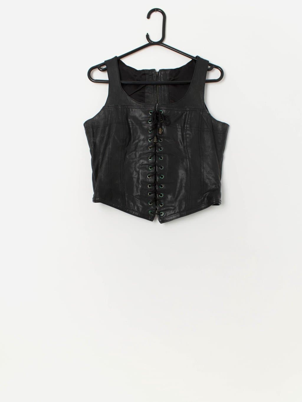 80s vintage black leather lace up vest with zip up back - Medium - Image 3