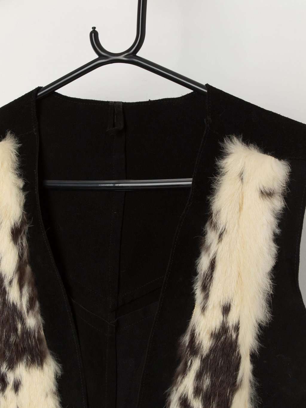 80s vintage black suede fringed vest with cow print trim - Medium - Image 2