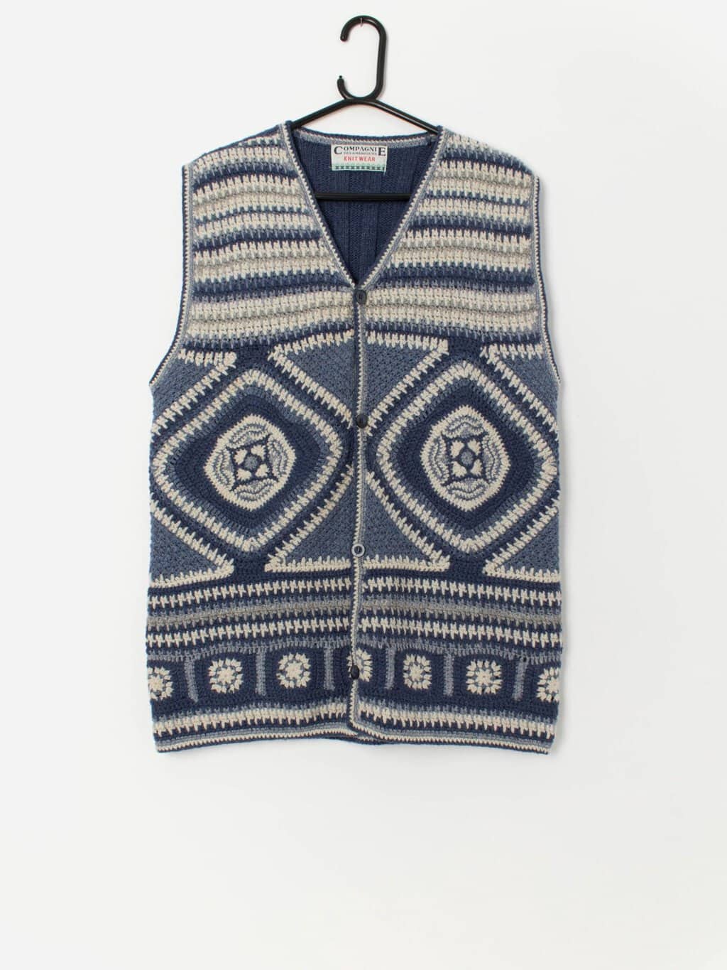 Vintage Shetland wool knitted vest waistcoat in blue and white - Large