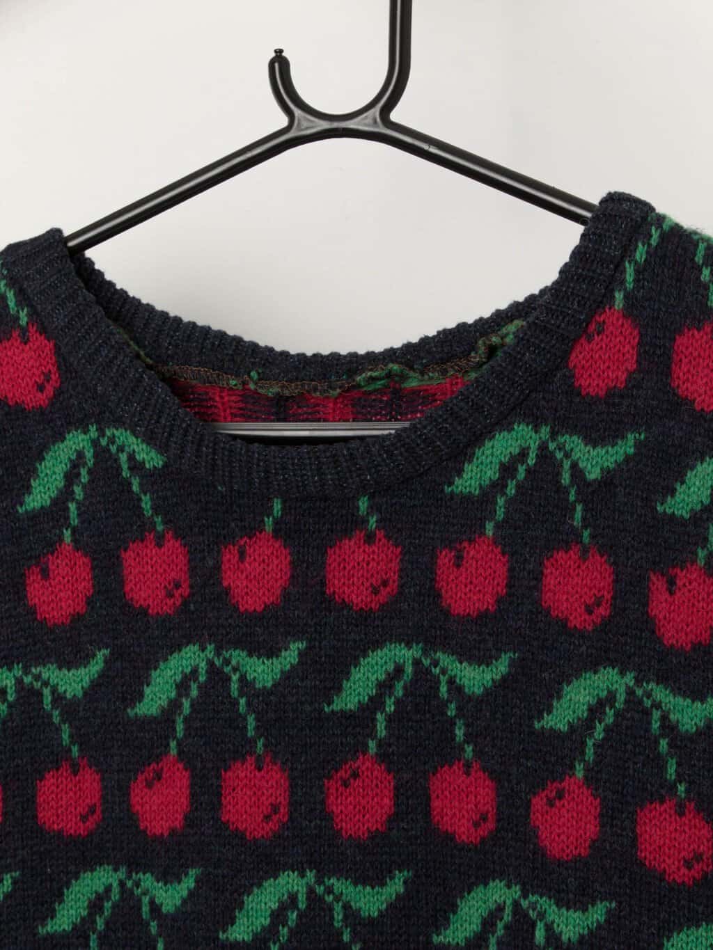 Vintage knitted cherry wool vest in blue - Medium / Large - Image 2