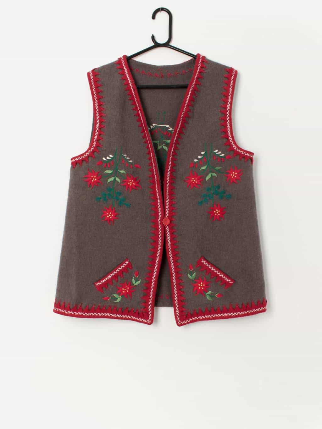 Vintage wool embroidered waistcoat vest, red floral design