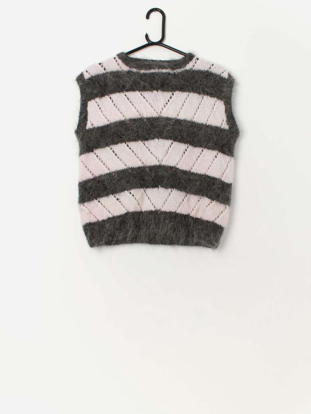 Vintage handknitted mohair wool vest with grey and white stripes - Medium / Large