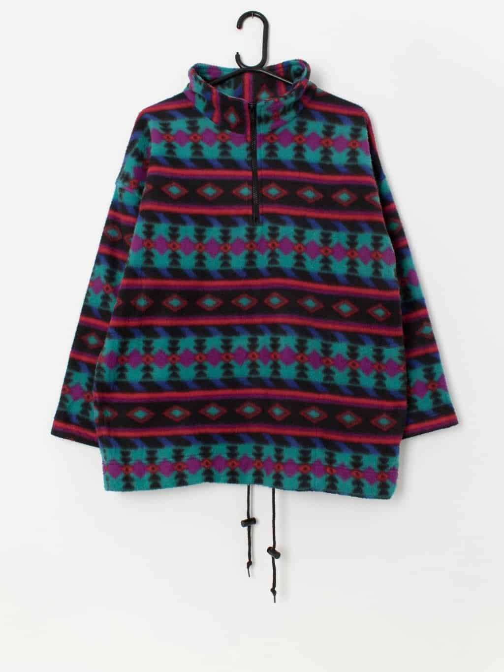 Vintage bright crazy pullover fleece, quarter zip - Large