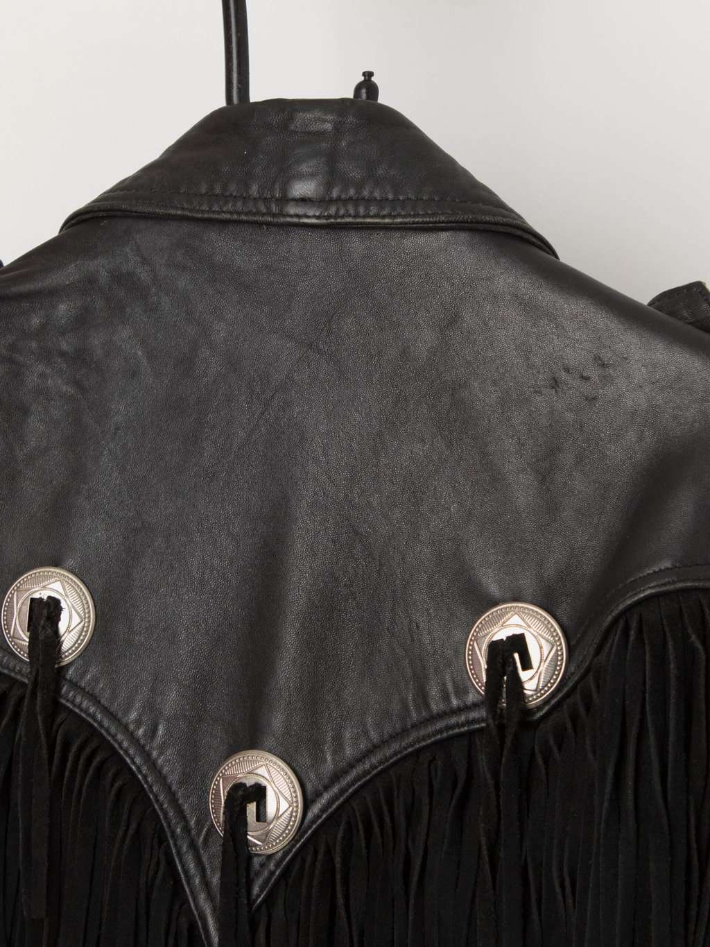 80s vintage fringed black leather suede jacket with metal details - Large - Image 5