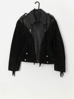 80s vintage fringed black leather suede jacket with metal details - Large