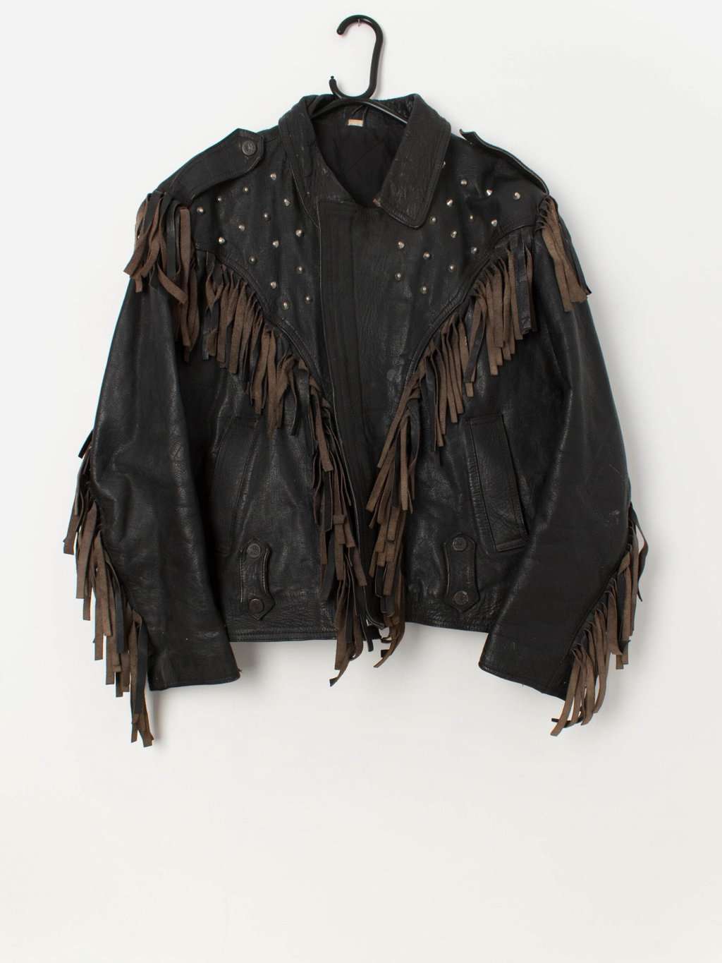 Vintage fringed studded black leather jacket - Medium