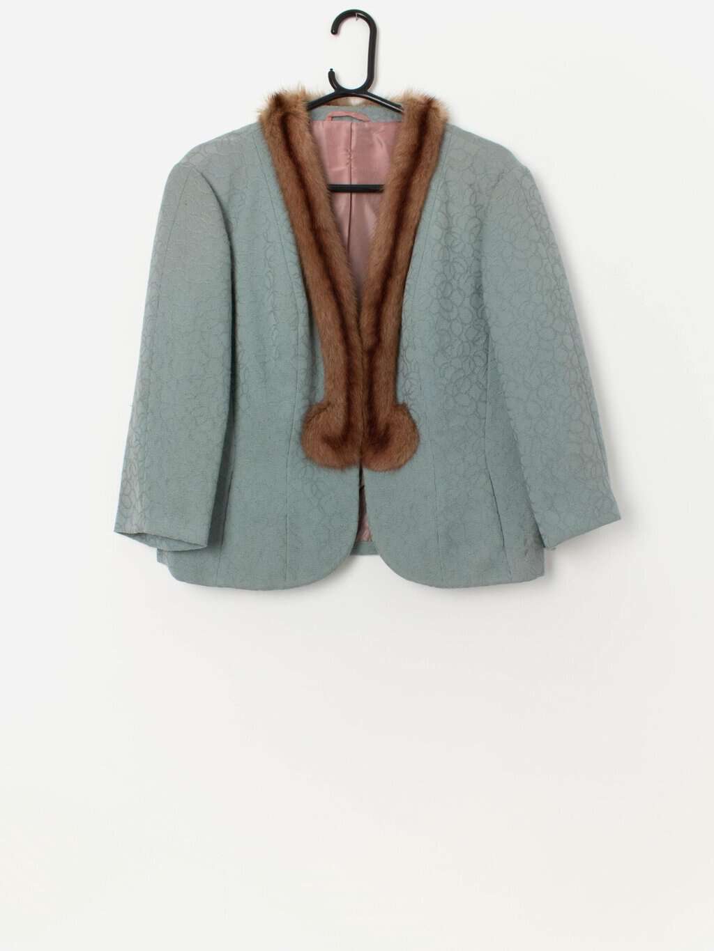 1960's vintage blue woven jacket with mink fur trim - Medium