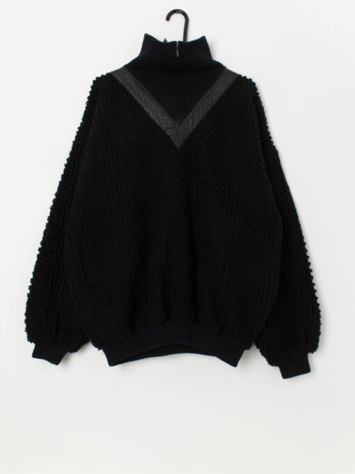 Vintage quarter zip black jumper with leather trim - XL