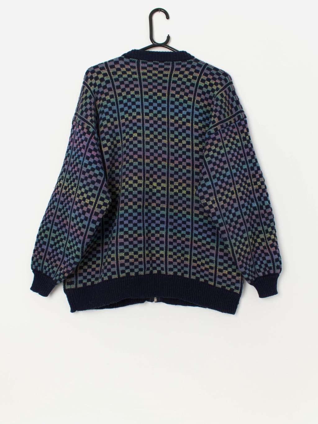 Vintage zipped sweater with amazing checked rainbow pattern - Large - Image 3