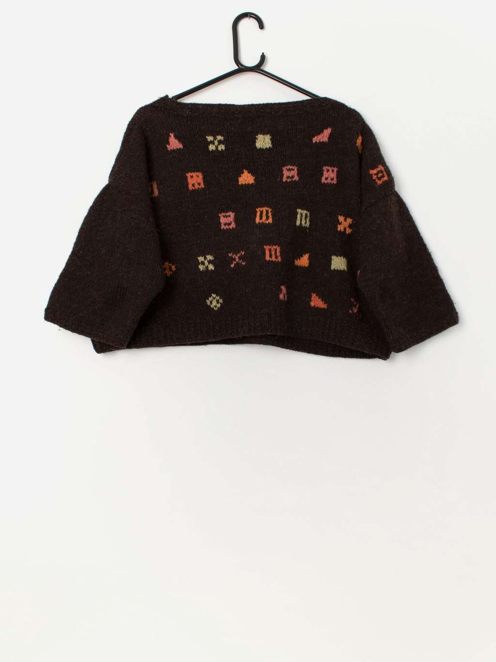 Vintage brown wool cropped jumper with geometric pattern - Medium / Large - Image 3
