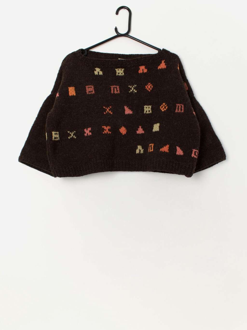 Vintage brown wool cropped jumper with geometric pattern - Medium / Large