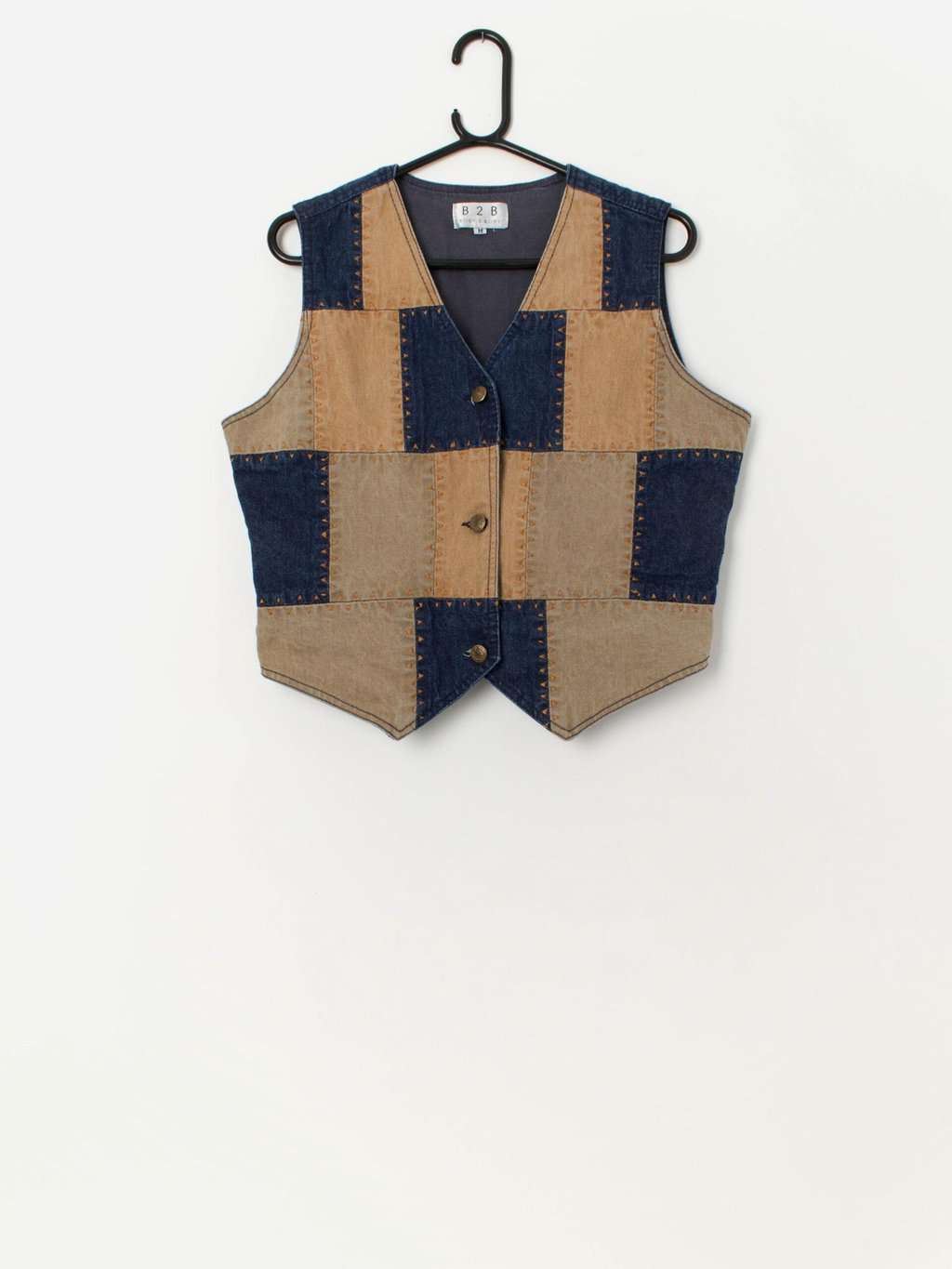 90s vintage denim patchwork vest waistcoat - Large