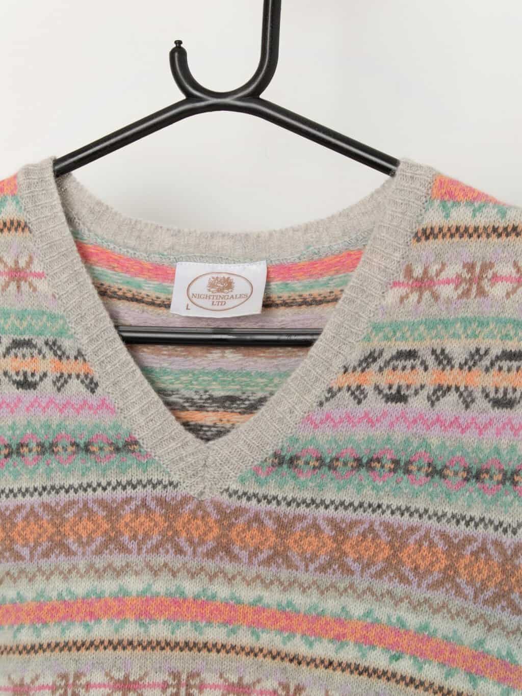 Vintage knitted fair isle lambswool vest in pastel colours - Medium / Large - Image 2