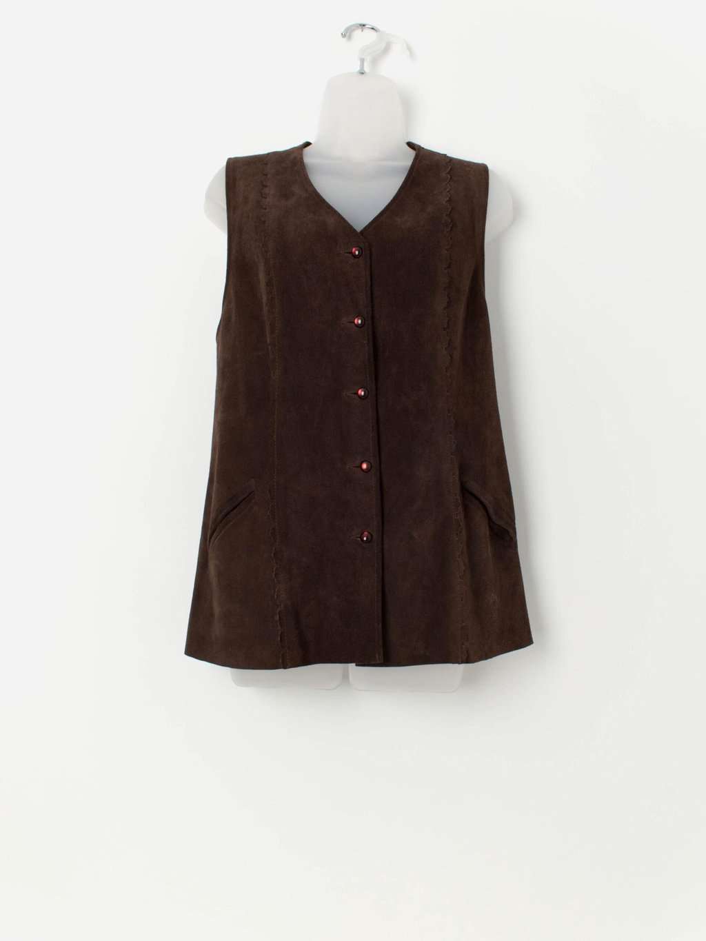 70s vintage long suede vest in brown with frill detail - Medium / Large