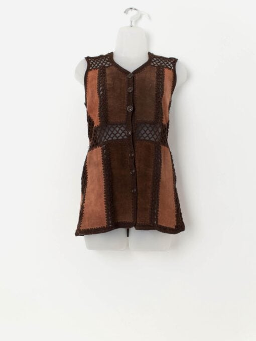 70s vintage faux suede crochet patchwork vest in brown - Small / Medium
