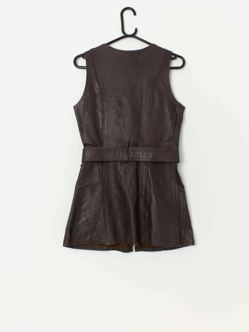 1960s vintage brown leather vest with belt and zip closure - Small - Image 3