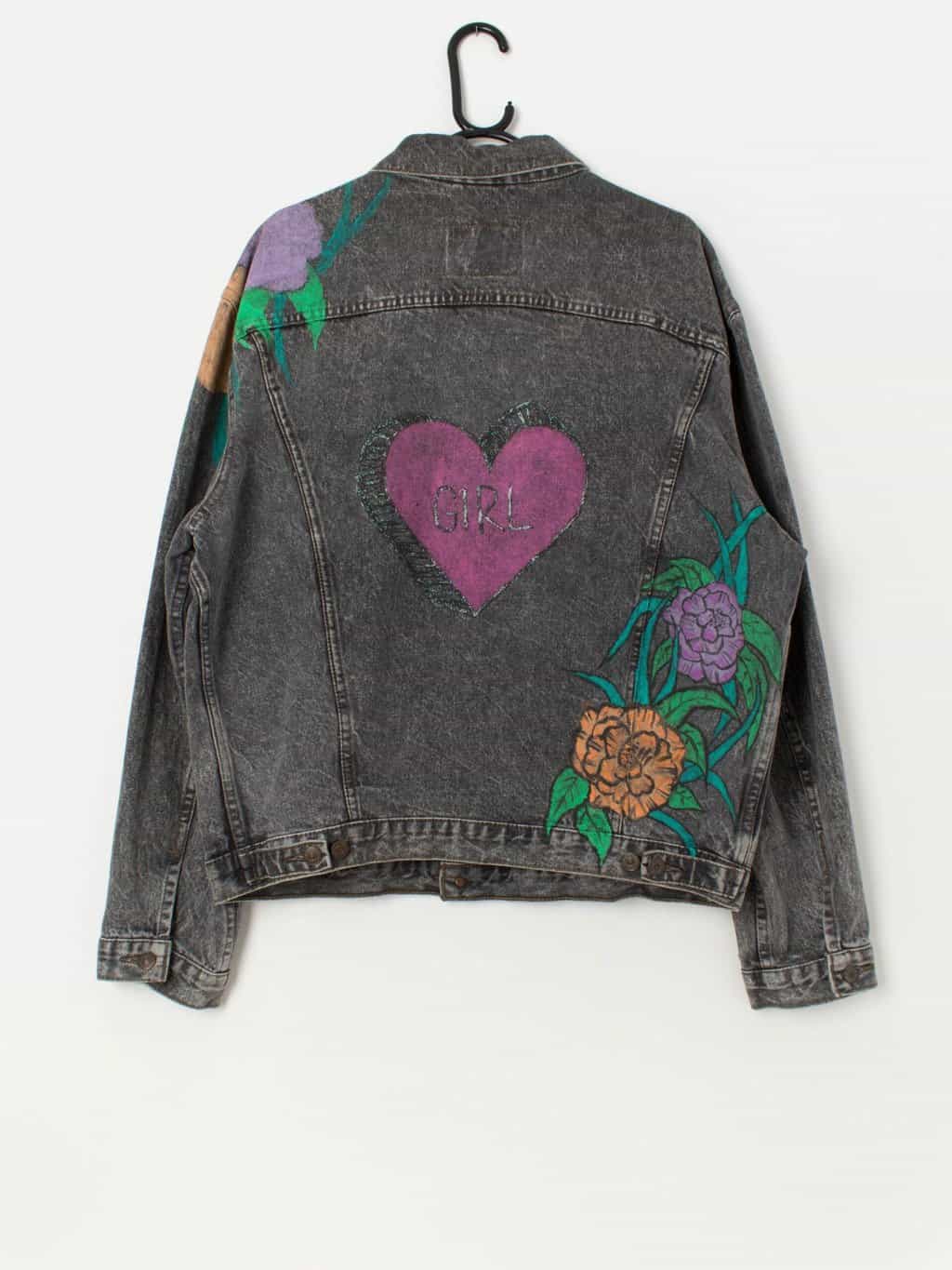 80s vintage customised Levis stonewash trucker denim jacket with a painted back - Large / XL