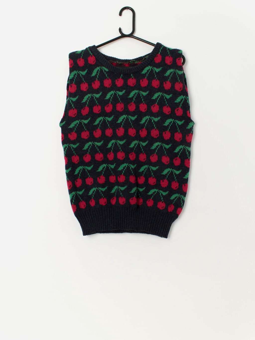 Vintage knitted cherry wool vest in blue - Medium / Large