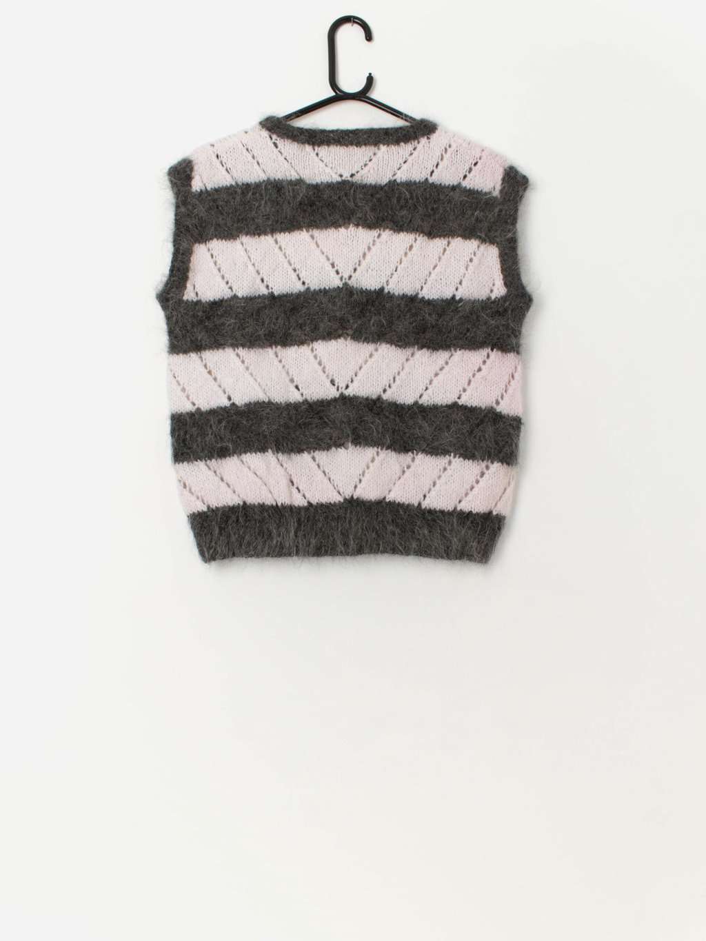 Vintage handknitted mohair wool vest with grey and white stripes - Medium / Large - Image 3