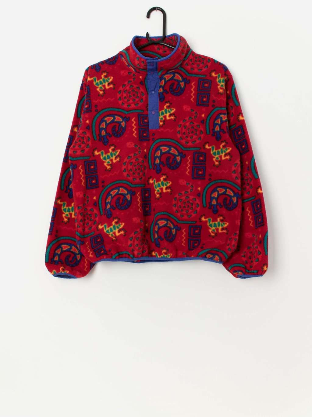 90s vintage women's lizard graphic red fleece, made in USA - Small