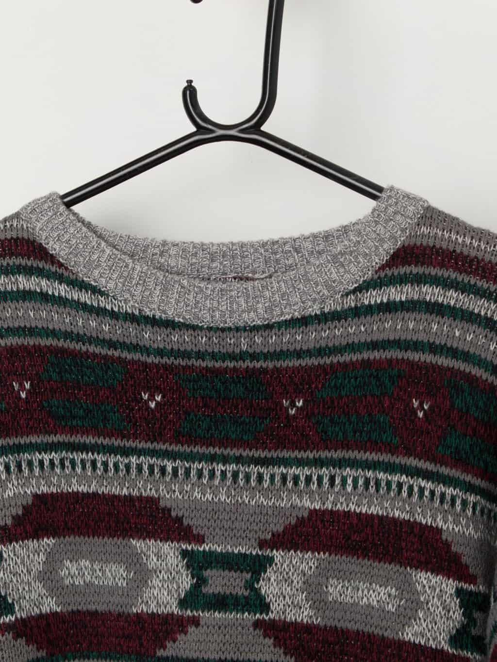 90s vintage grey jumper with burgundy and green geometric pattern - Medium / Large - Image 2