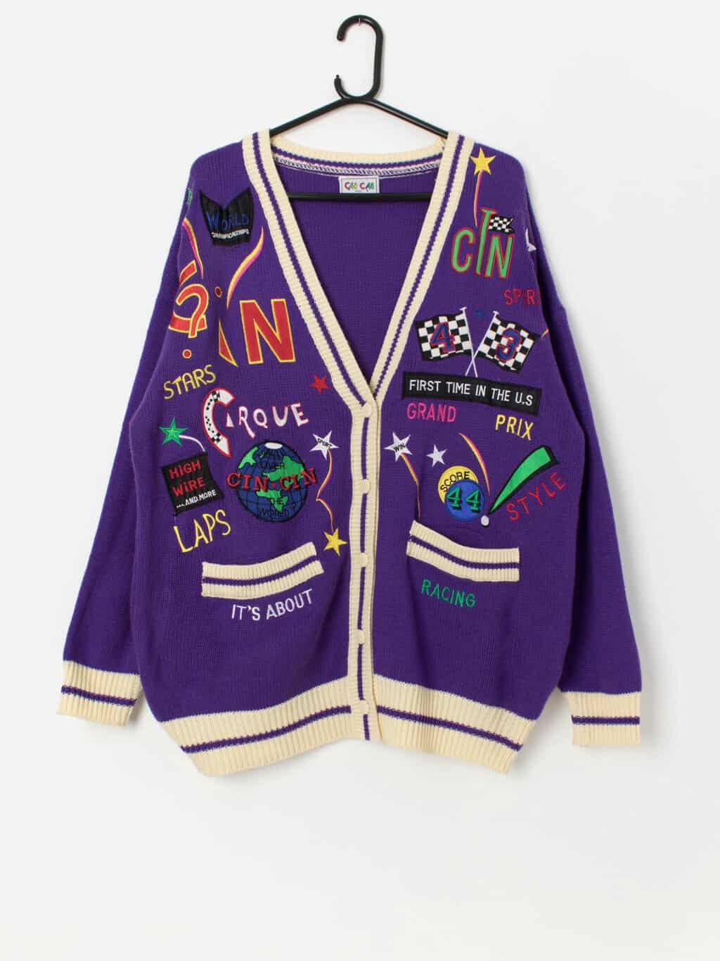 Vintage Cin Cin oversized purple cardigan with racing theme appliqué - Medium / Large