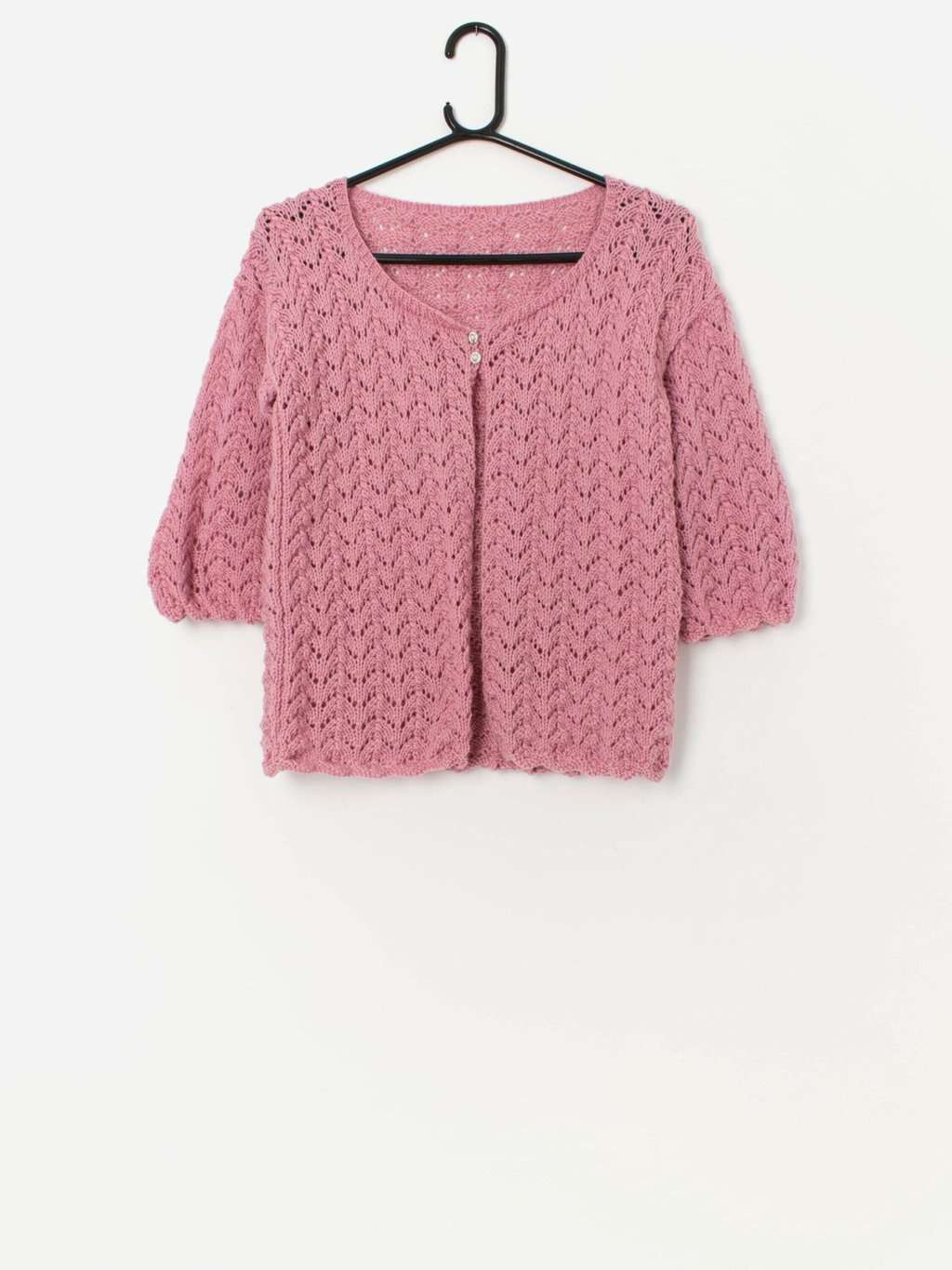 Vintage handknitted pink cardigan with three quarter sleeves - Small