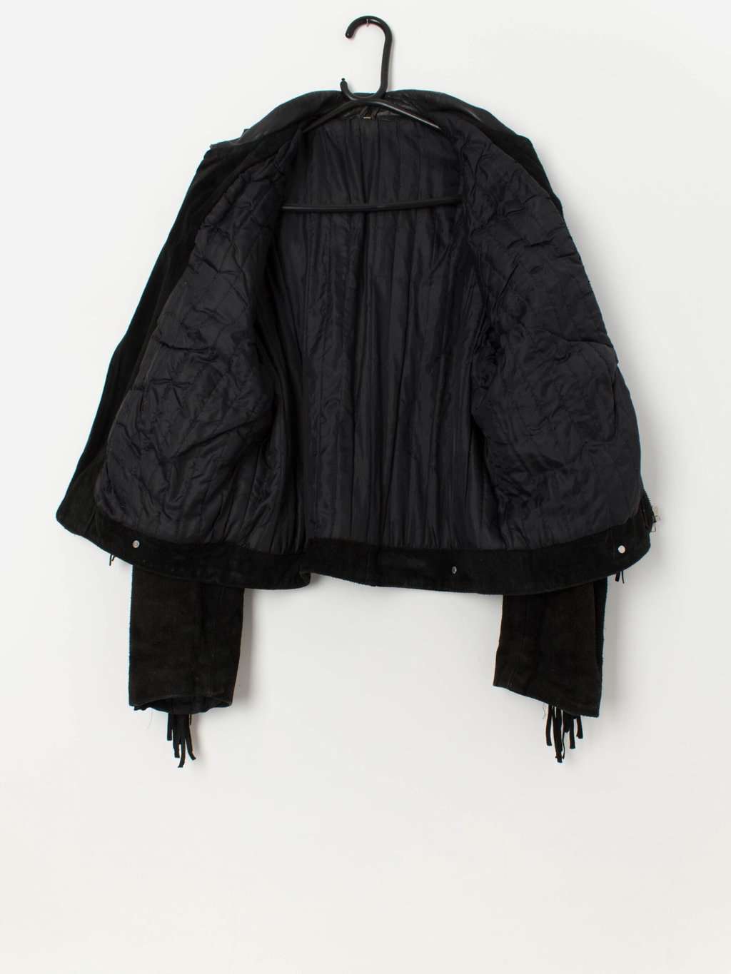 80s vintage fringed black leather suede jacket with metal details - Large - Image 3