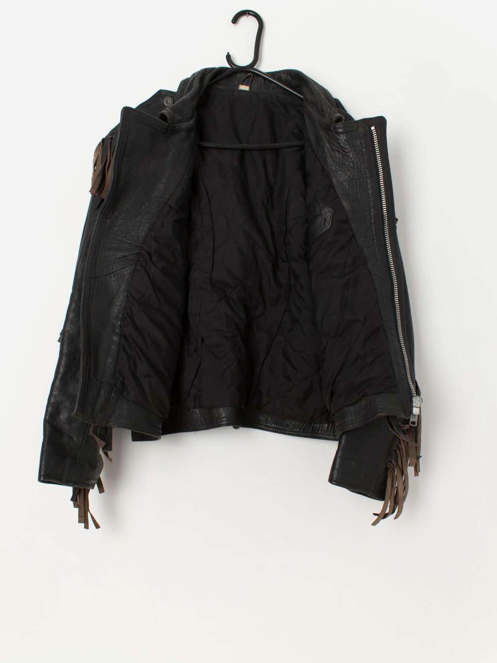 Vintage fringed studded black leather jacket - Medium - Image 3