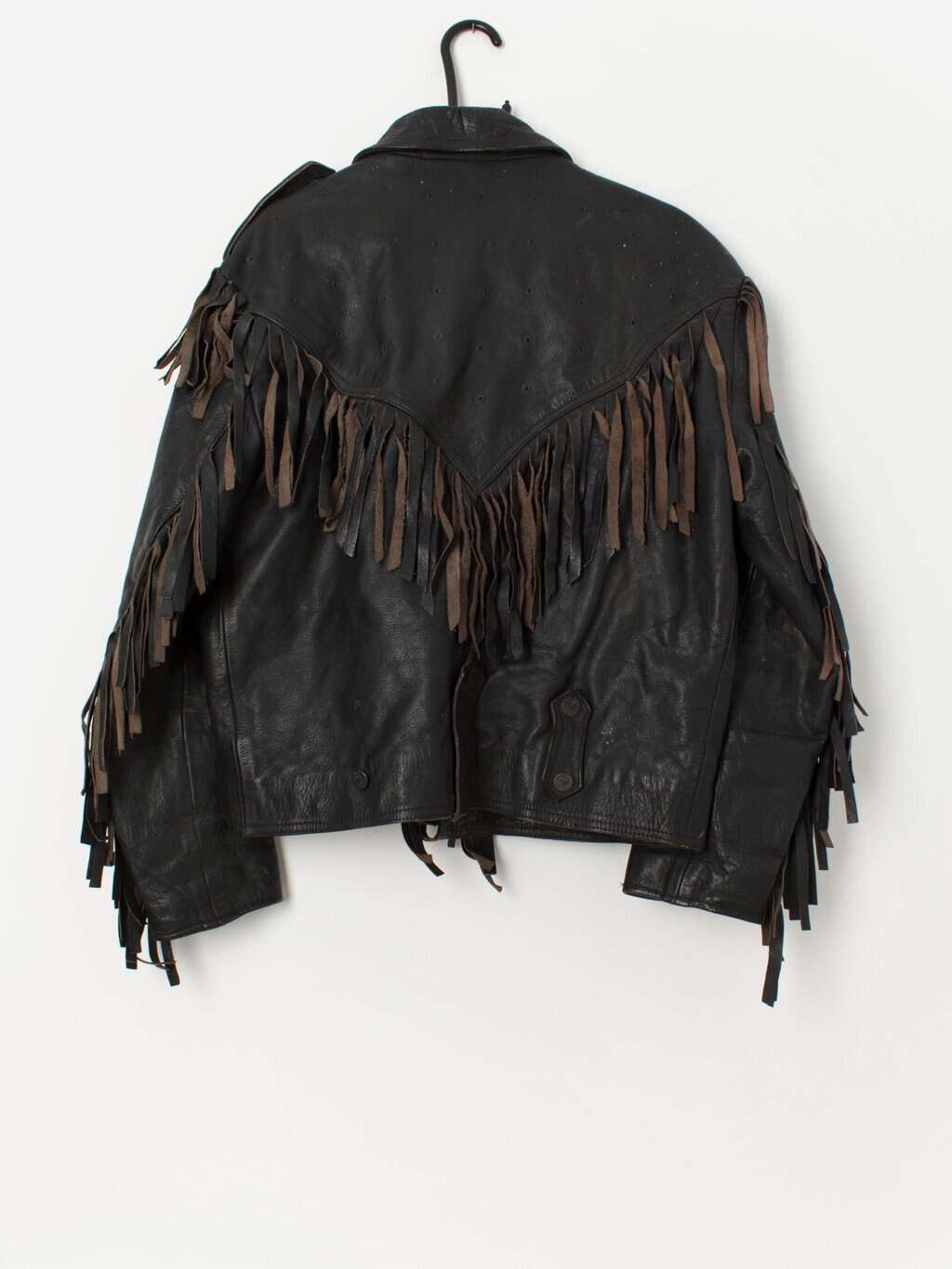 Vintage fringed studded black leather jacket - Medium - Image 4
