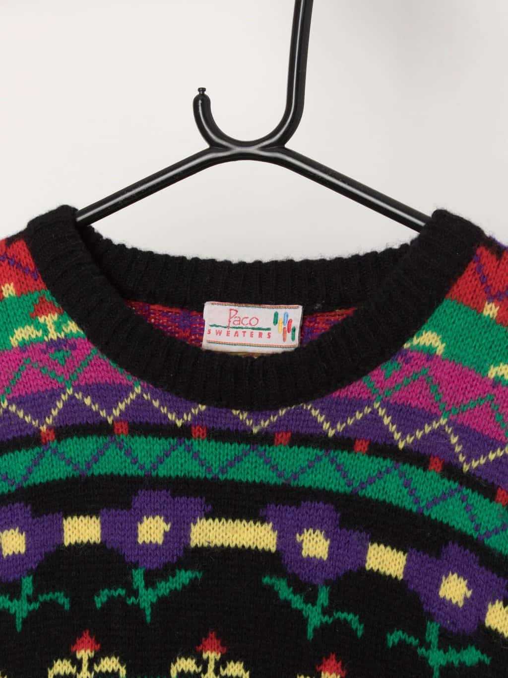 Vintage Paco wool knitted jumper with bright geometric pattern - XL - Image 2
