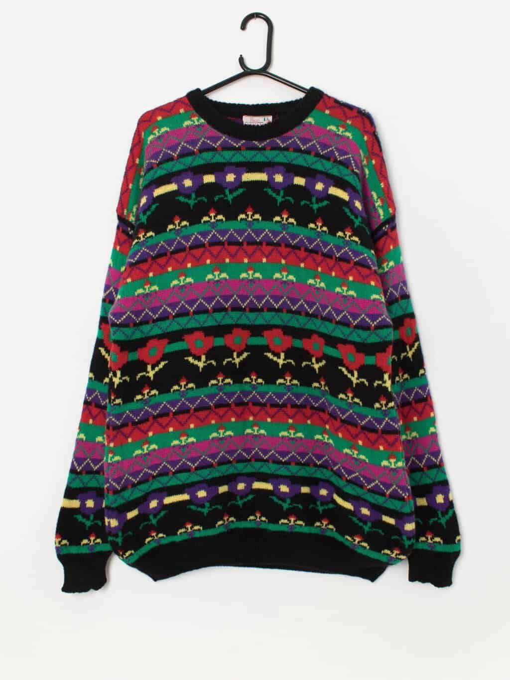 Vintage Paco wool knitted jumper with bright geometric pattern - XL