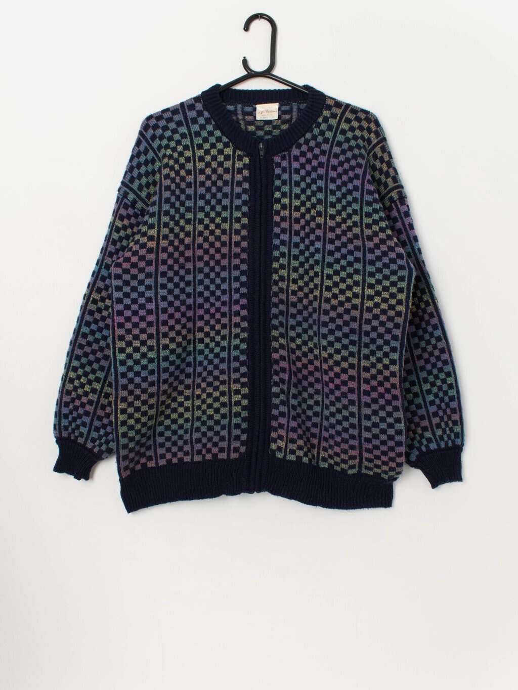 Vintage zipped sweater with amazing checked rainbow pattern - Large