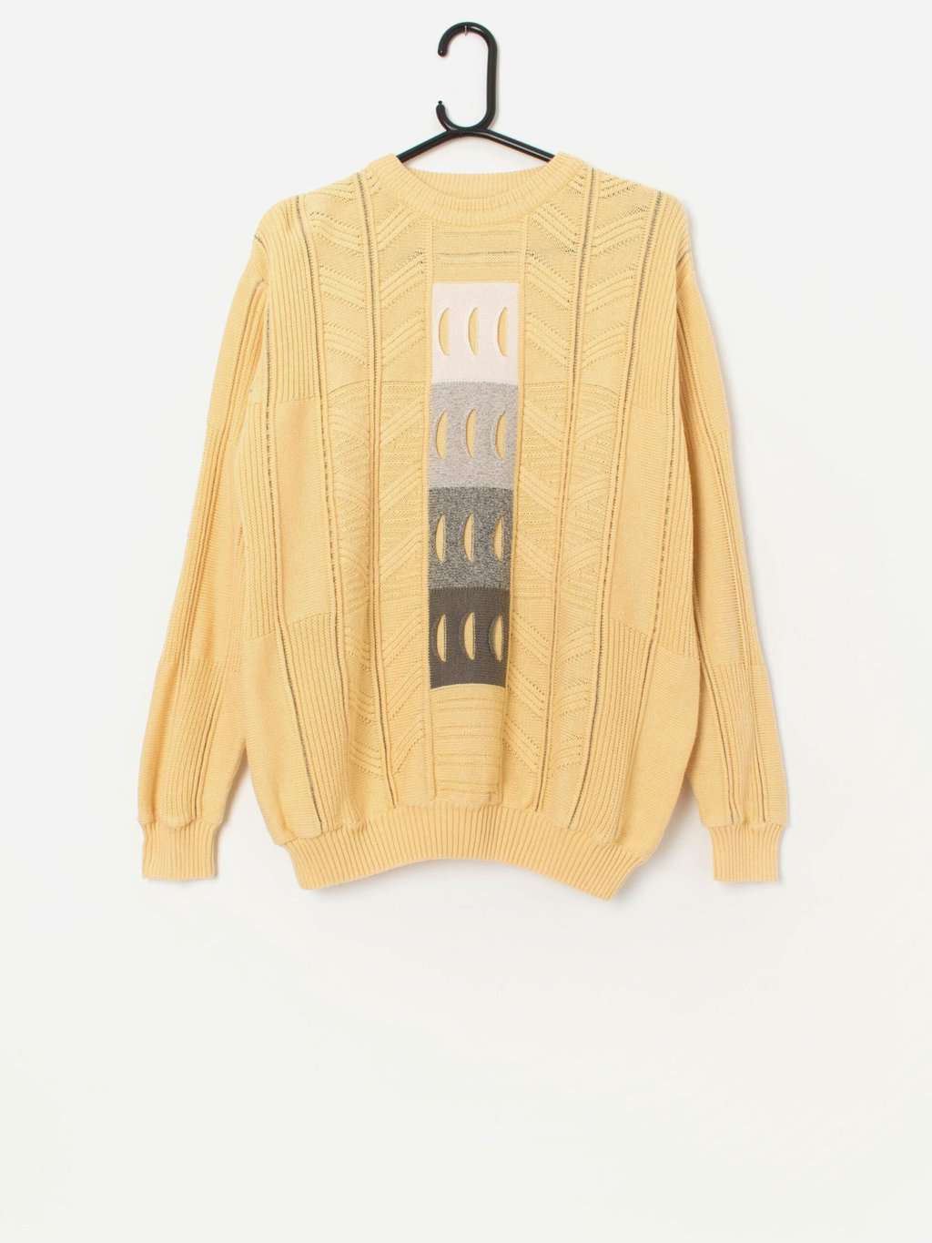 80s vintage sweater in yellow with unique pattern - M/L