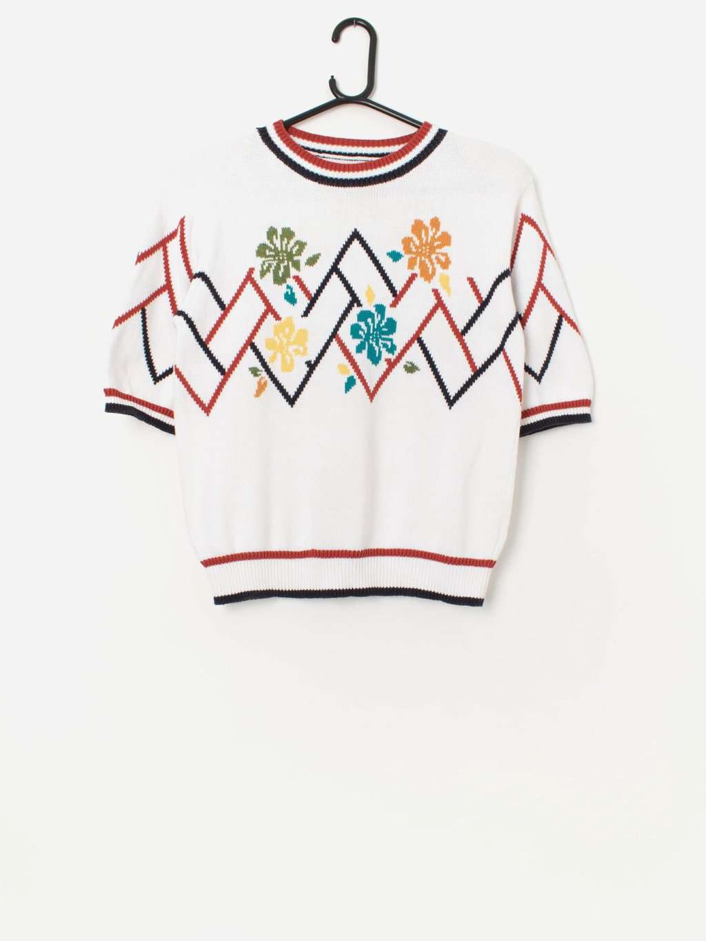 Vintage cotton short sleeve jumper with floral pattern - Medium