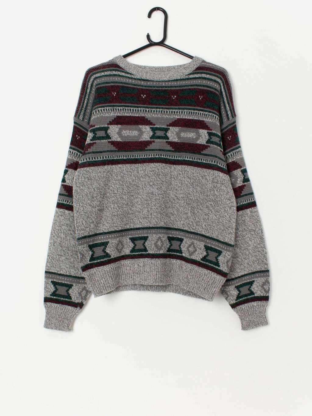 90s vintage grey jumper with burgundy and green geometric pattern - Medium / Large