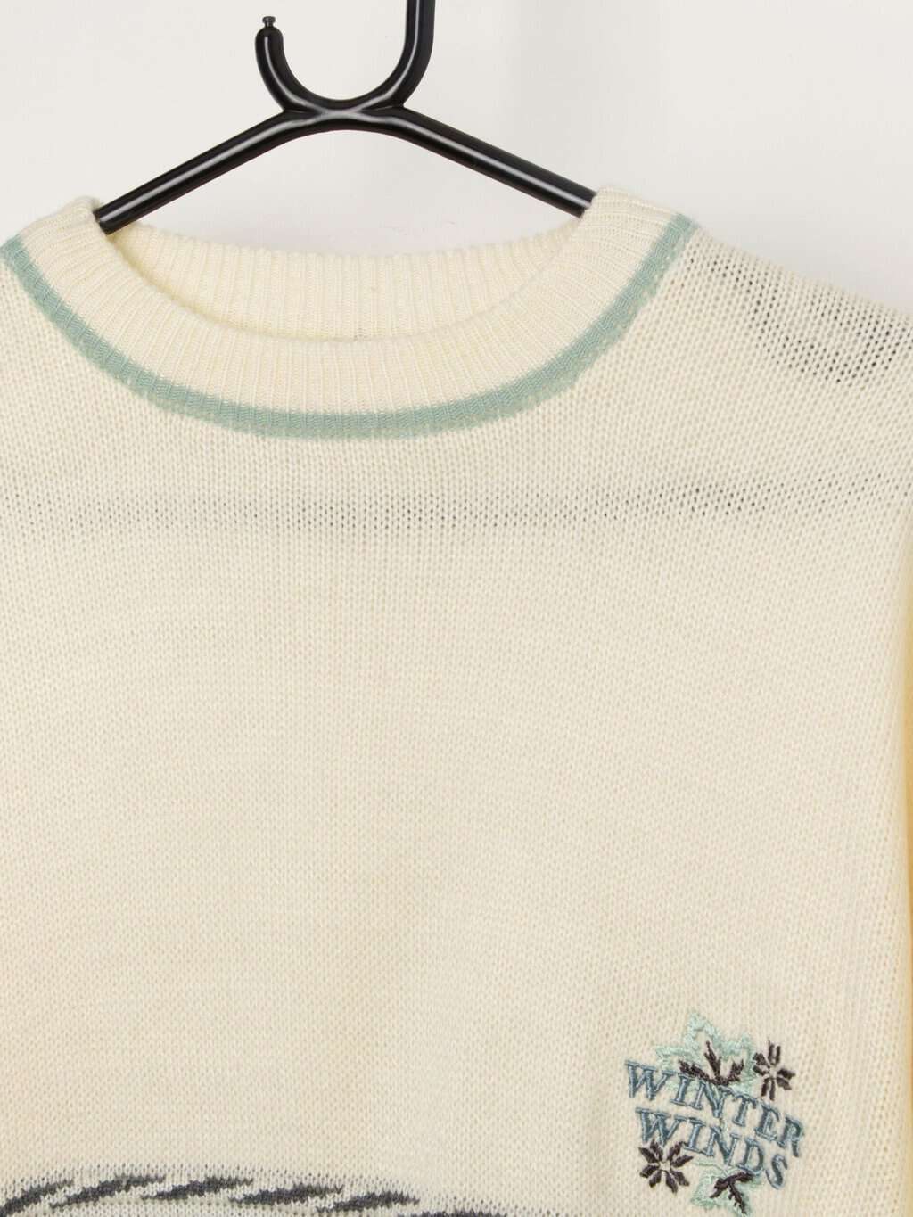 90s vintage Winter Winds pull over sweater in cream, blue and grey - Medium / Large - Image 2