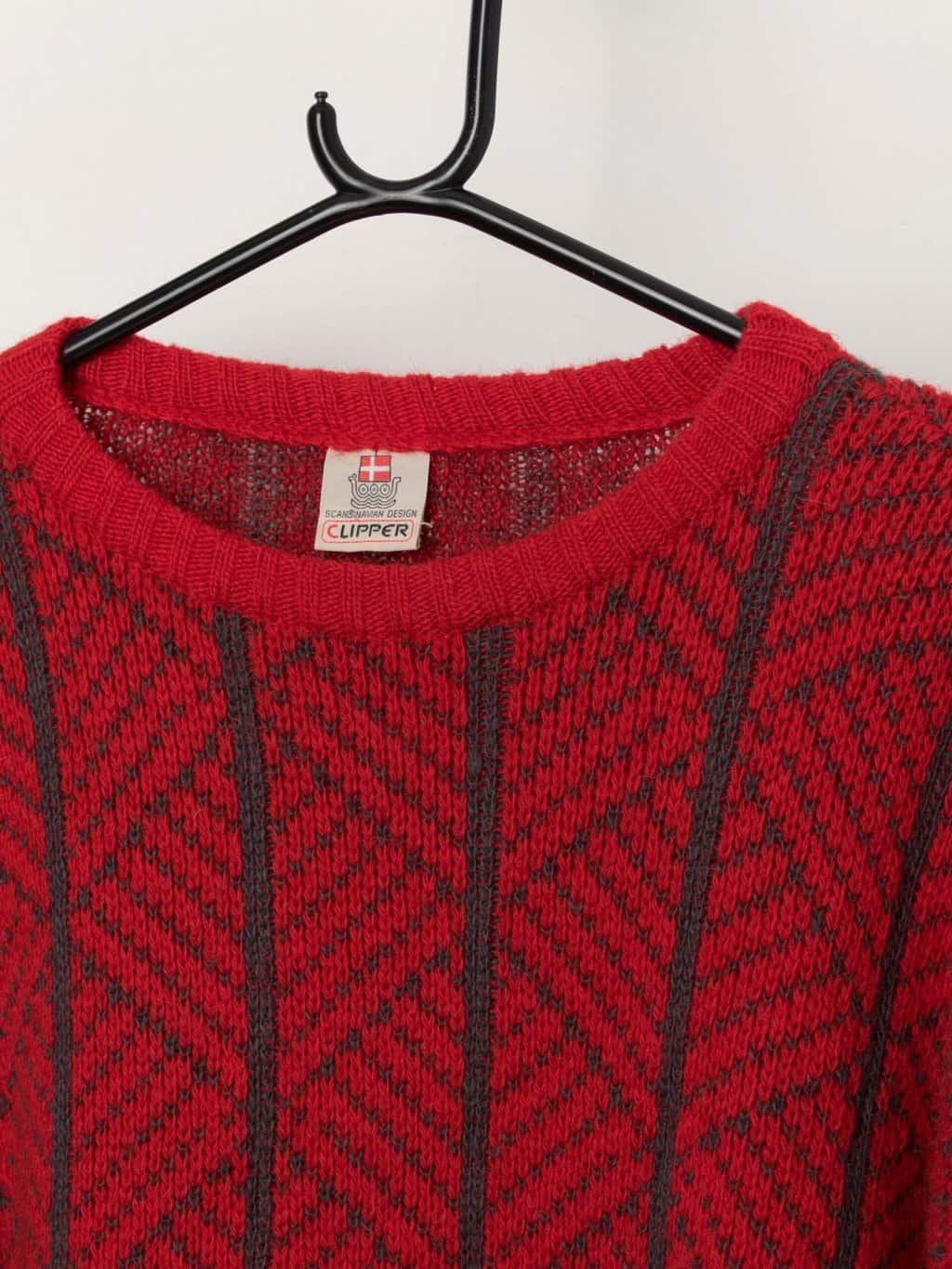 Men's vintage Clipper Scandinavian wool sweater in bright red, made in Denmark - XL - Image 2