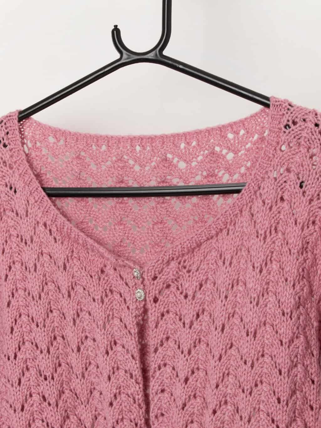 Vintage handknitted pink cardigan with three quarter sleeves - Small - Image 2