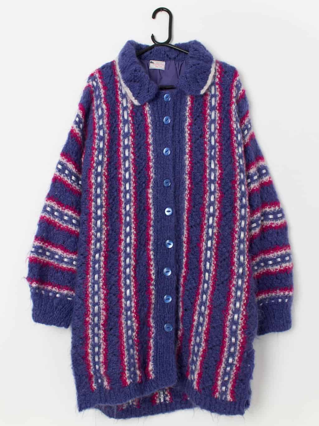 80s vintage Vera Cole handknitted mohair and ribbon cardigan coat - Medium / Large