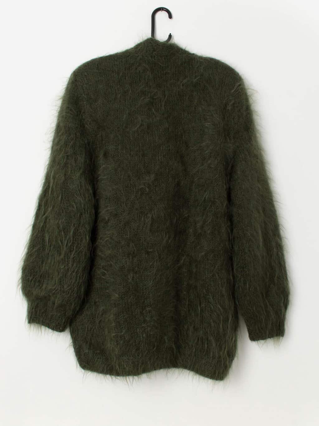 80s vintage fluffy forest green cardigan coat with leather appliqué - Medium / Large - Image 3