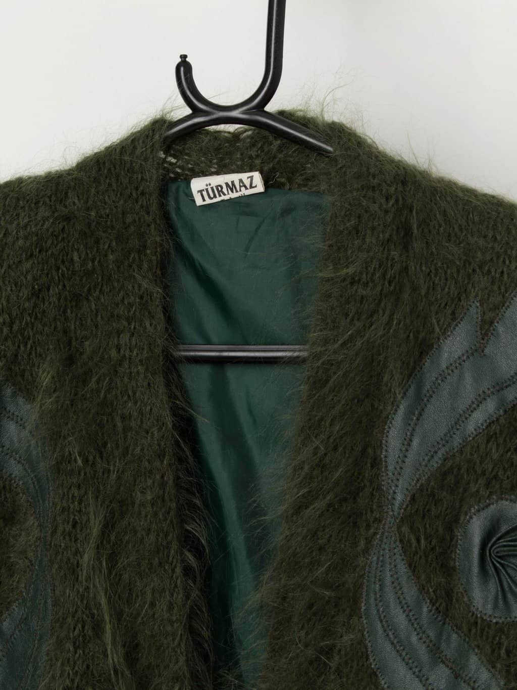 80s vintage fluffy forest green cardigan coat with leather appliqué - Medium / Large - Image 2