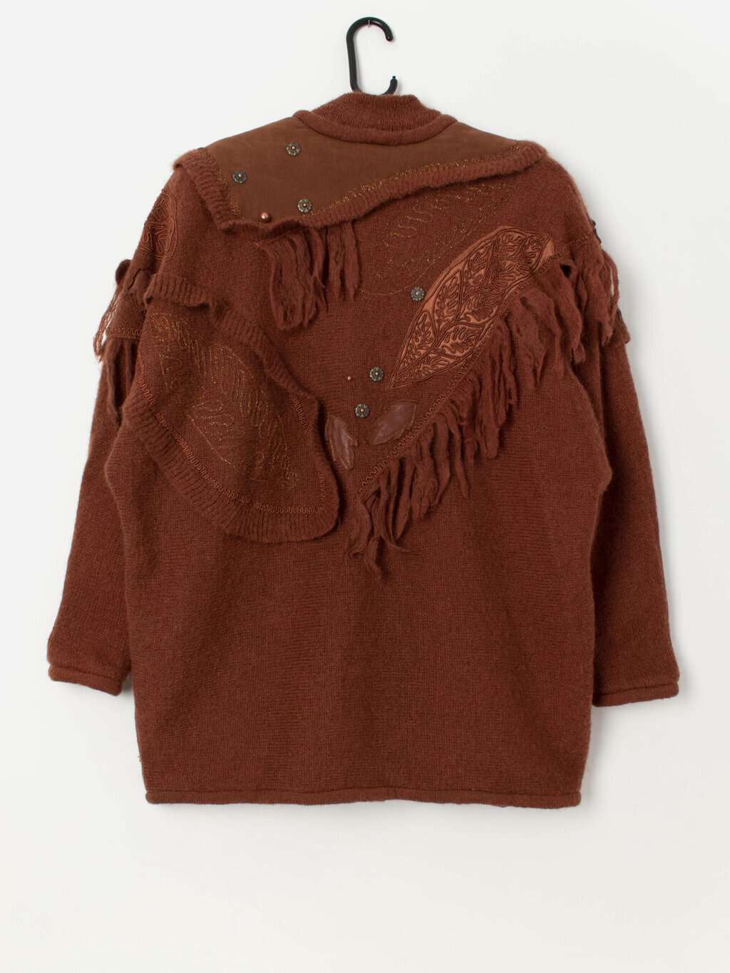 Vintage rust brown cardigan coat with appliqué leaf design and fringed shoulders - XL - Image 3